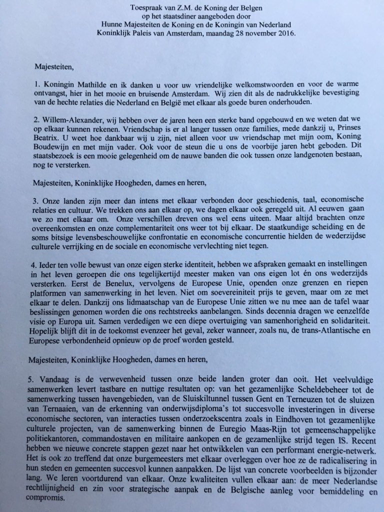Momenteel is er een staatsbanket voor Belgisch &amp; Nederlands koningspaar. Hier het menu en de speech van koning Filip