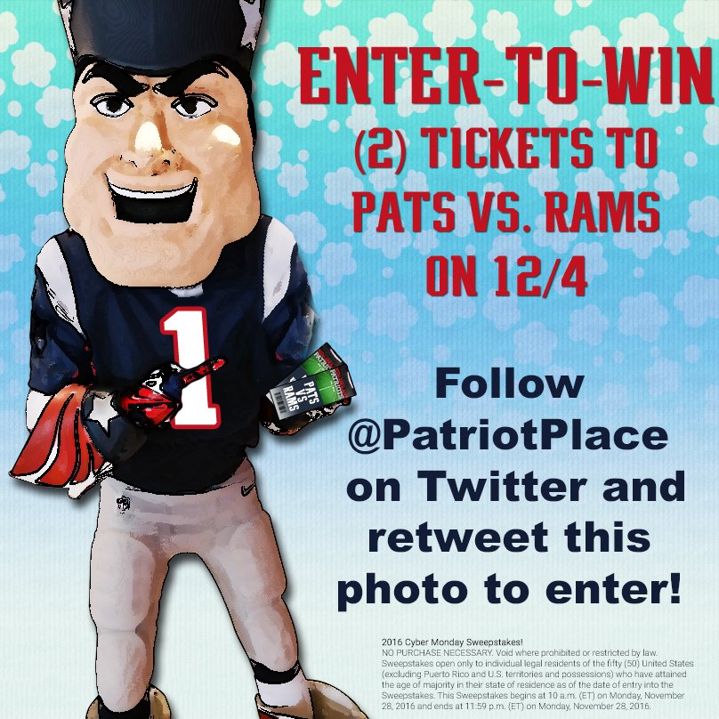 PatriotPlace's tweet photo. Follow Us &amp; RT by 11:59PM to enter-to-win (2) tickets to the #Patriots vs #Rams this Sunday! #CyberMonday https://t.co/zP1tapCPiP https://t.co/6sYUjWxRbA
