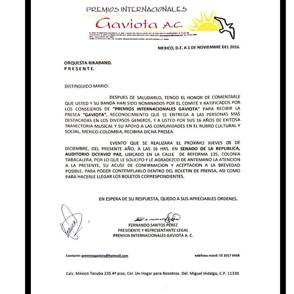 Comparto con ustedes la presea  #Gaviota; que recibiremos el proximo 8 de Diciembre en los  #PremiosInternacionalesGaviota