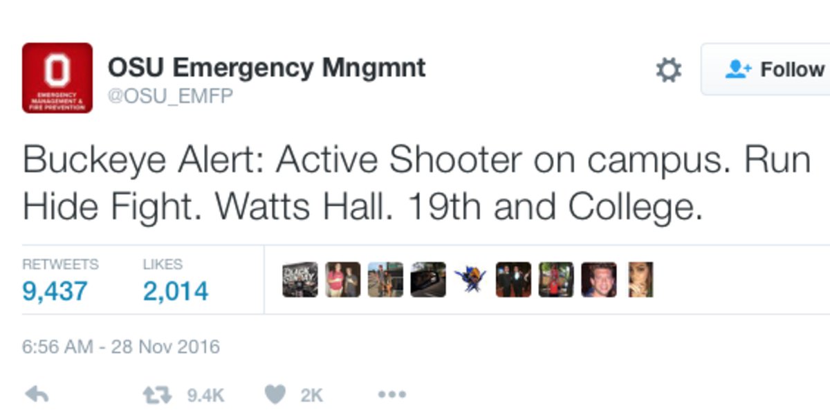 HuffPost's tweet photo. DEVELOPING: Active shooter places Ohio State University campus on lockdown. Students reported hearing gunshots https://t.co/LAjGwUUsOh https://t.co/FsEnGloSIC