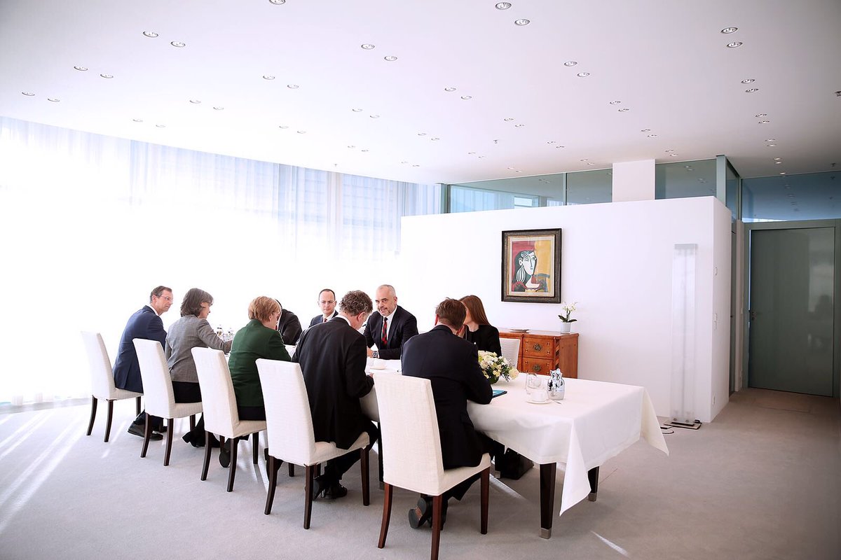 ditmirbushati's tweet photo. Meeting b/w #Merkel &amp; @ediramaal confirmed #Albania's steady progress in #EU path. Implementation of #justicereform key for accession talks https://t.co/g1CPoZNXOF