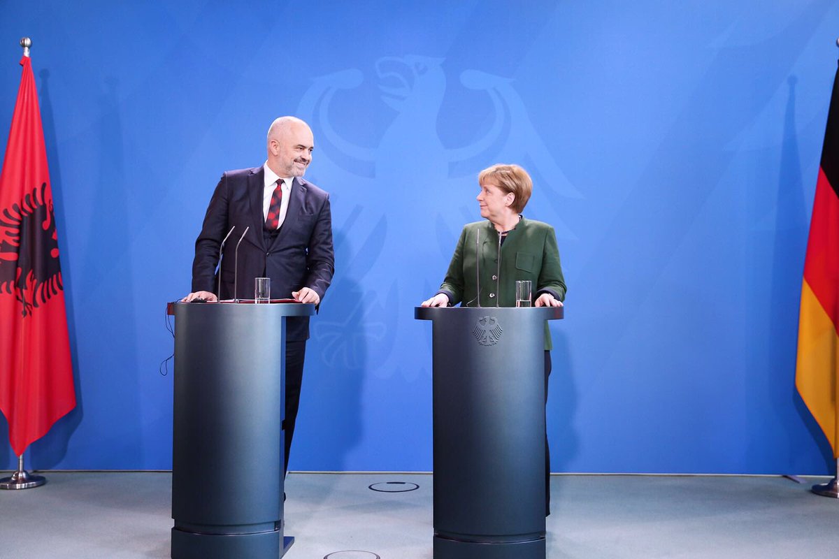 ditmirbushati's tweet photo. Meeting b/w #Merkel &amp; @ediramaal confirmed #Albania's steady progress in #EU path. Implementation of #justicereform key for accession talks https://t.co/g1CPoZNXOF