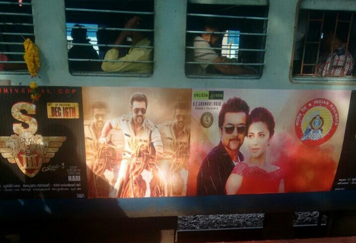 ThisIs_SN's tweet photo. One of the most valuable promotion 
Posters on Trains
Pic taken at Andhra Pradesh
#S3 #S3Promotion #Singam3 
@rajsekarpandian @StudioGreen2 https://t.co/Jfg3yeQgZE