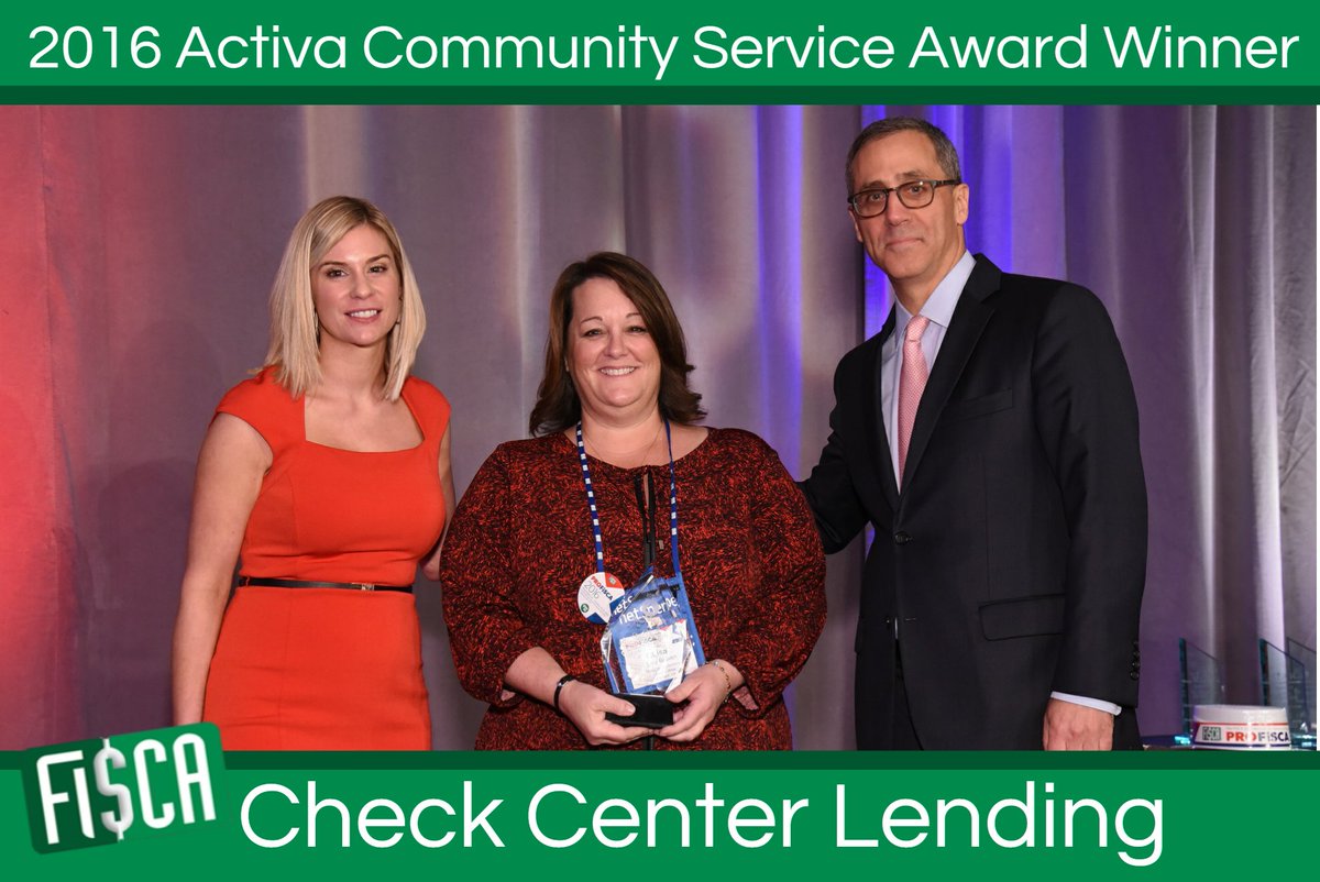 infinalliance's tweet photo. At our recent #PROFiSCA2016 conference Lisa Bowen (center) accepted the Activa Community Service Award for Check Center Lending! @im4g2g https://t.co/IFJGMFo0Ku