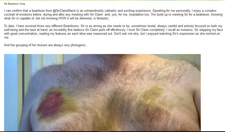 SirClaireBlack's tweet photo. I was just sent this lovely #beatdown review with permision to share. Thank you! #mistressreview #review #hardcore #bruises #brutal #Sir https://t.co/NGJrdrOqpI