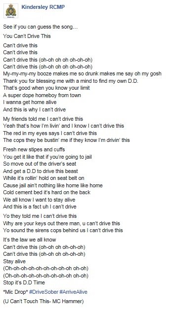 RCMPKindersley's tweet photo. Here it is, @reginapolice our Sober Driving Song Score of 2016.. Can you guess what song we used? #ArriveAlive and #DriveSober this holiday. https://t.co/uFJlhFk0i8