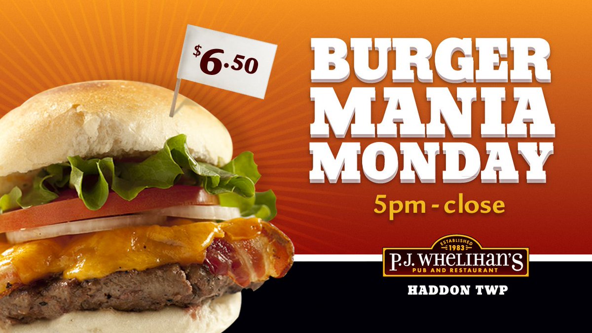 PJsPub's tweet photo. #BURGER MANIA MONDAY at #PJsHaddonTwp TN 5pm - Close!! ALL BURGERS* are ONLY $6.50 #PJsDoesItBetter PLUS $2 off #CRAFTBEER *(excl. Bison) https://t.co/YGOFb1kQZZ