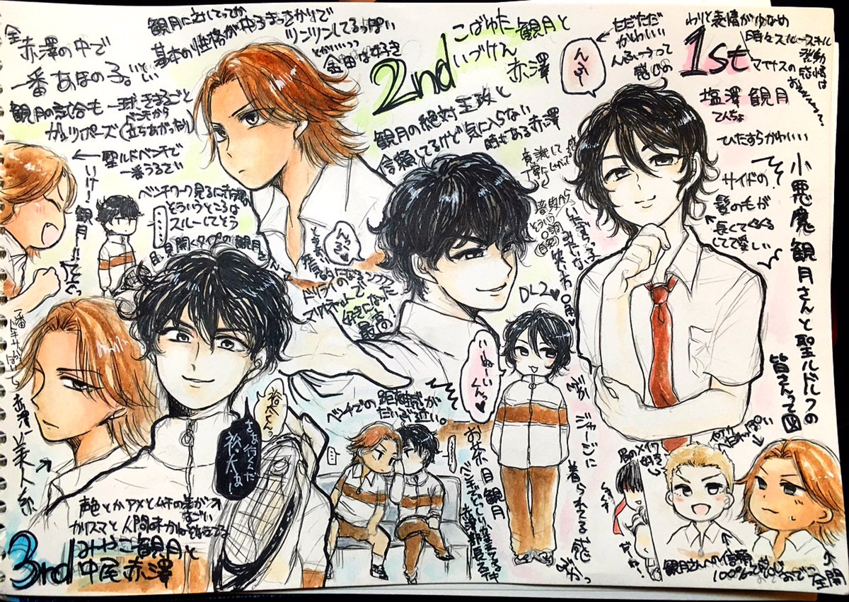 テニミュの聖ルドというか観月さん三代とも魅力的過ぎんよお!っていう勢いのまま描いた。赤澤を添えて。2.5次元だろうが3次元だろうがこれっぽっちも似せて描けないのでいつもの絵柄でひたすら描き殴っただけめっちゃたのしいいいいあああ三へ( へ՞ਊ ՞)へ 