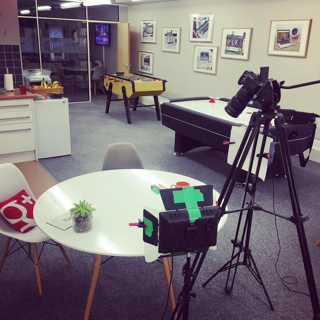 ClickyMedia's tweet photo. Our #videographer and one of our #designers hard at work on a new creative video concept this afternoon in the Clicky break-out room! https://t.co/YMzKnGwBZz