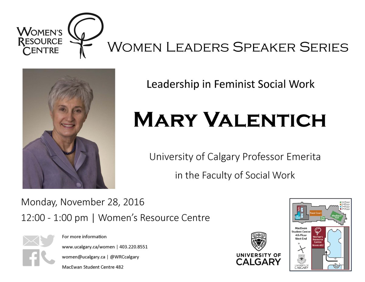 Today at noon: FSW's Mary Valentich speaks about leadership in feminist #socialwork @WRCcalgary. Don't miss out! #UCalgary