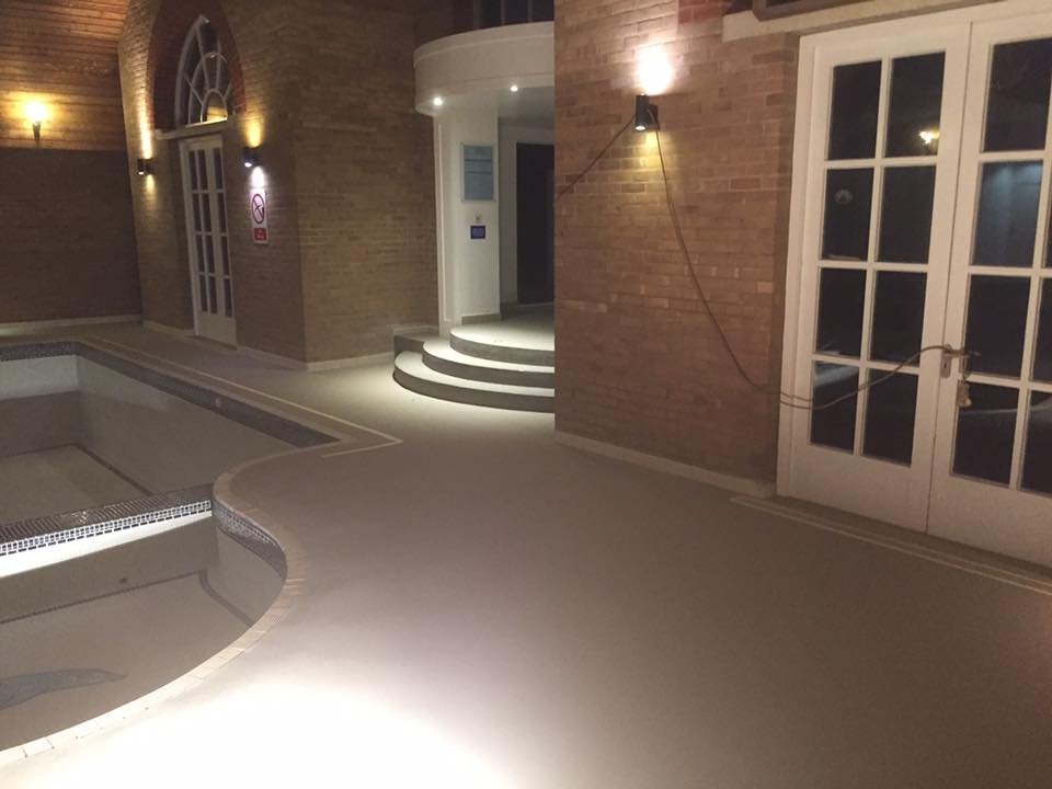Flexflooring's tweet photo. 190m2 of epoxy quartz screed to hotel swimming pool, with 630mm upstands and enhanced non slip. #quartzscreed #resinfloors #poolsurround https://t.co/tUjfcEhjQV