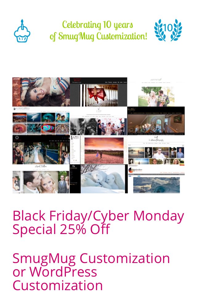 jrcustomization's tweet image. #CyberMonday @SmugMug customization and design savings jrcustomization.com/smugmug-custom…