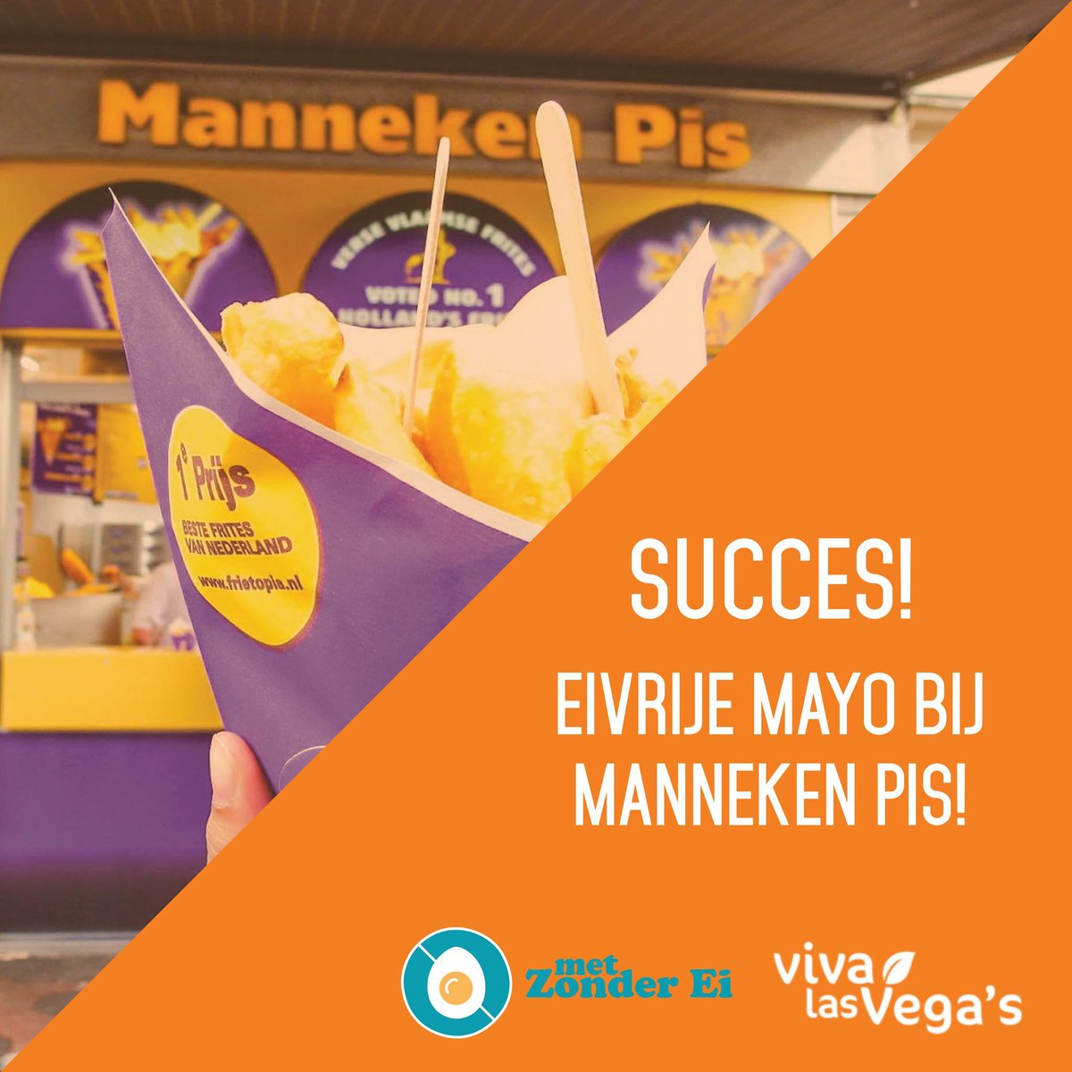 ProVegNL's tweet photo. Hoera voor Manneken Pis @mannekenfriet! Zij gaan als 1e #vegan mayo verkopen #metzonderei! 😊 Kom je zondag om 11:00 proeven in #Utrecht? https://t.co/5hHmUDSkA2