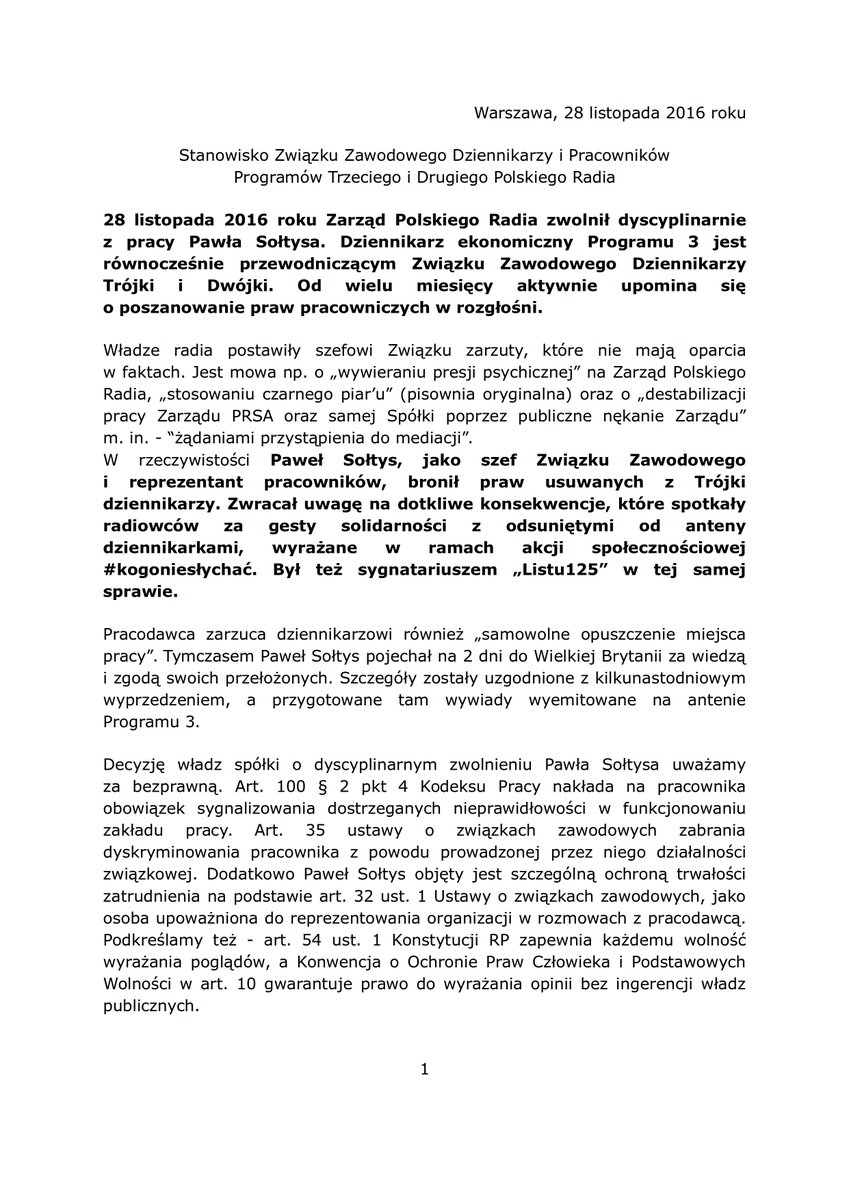 damiankwiek's tweet photo. Stanowisko Zarządu Związku Zawodowego 3 i 2 w sprawie dyscyplinarnego zwolnienia z pracy @pawel_soltys. #Trójka #kogoniesłychać #List125 https://t.co/HXJ3TN1ZvF