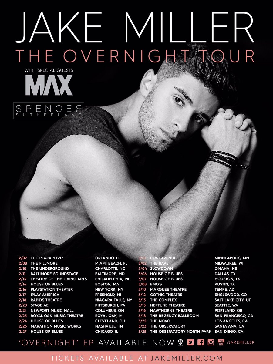 jakemiller's tweet photo. Welcome to #TheOvernightTour. Tix on sale Friday! Can't wait to see you there! https://t.co/wCvGajcHBJ