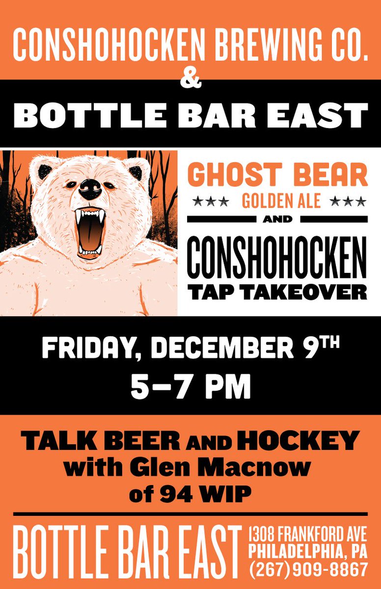 RealGlenMacnow's tweet image. See you @conshybrewing "Ghost Bear" golden ale launchfest @Bottlebareast, 1308 Frankford Ave, Fri. Dec. 9, 5-7 pm. We'll talk hockey + beer.
