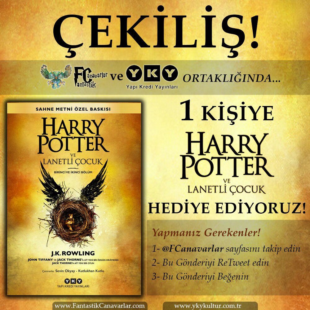 FCanavarlar's tweet photo. Sitemiz ve @YKYHaber işbirliğiyle 1 adet "Harry Potter ve Lanetli Çocuk" kitabı hediye ediyoruz! Detaylar görselde. Son katılım: 2.12.2016 https://t.co/xmn2eOs3Fs
