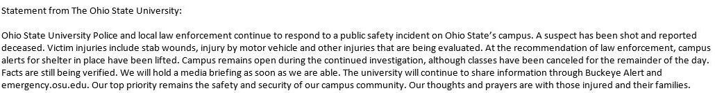 ScannerPolice's tweet image. Statement from Ohio State University on today's incident. #OhioState