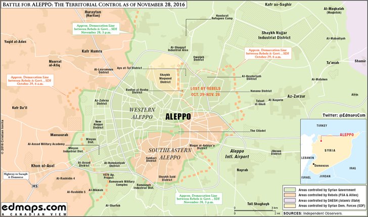 #Syria #war #battle for #Aleppo territorial control overview #map November 28 #SAA #FSA #SDF #YPG #DAESH edmaps.com/html/syrian_ci…