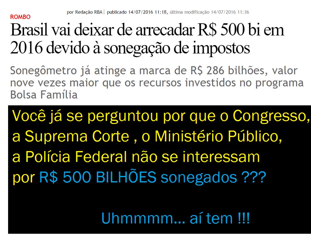 CacoBrasil2's tweet photo. 14/07/2016 Brasil vai deixar de arrecadar R$ 500 bi em 2016 devido à sonegação de impostos https://t.co/pLXIpAFj0Z https://t.co/LNoXjmDV33