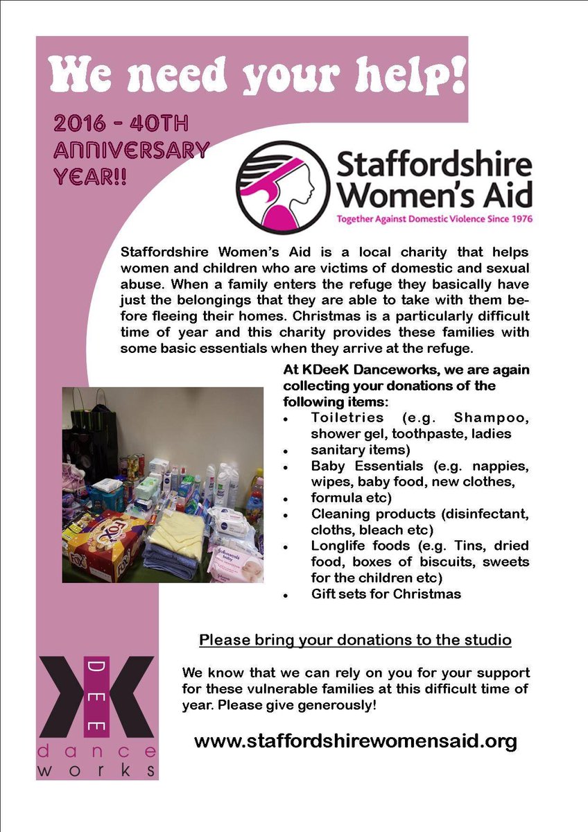 KDEEK_dance's tweet photo. We are again collecting items for @StaffsWomensAid supporting victims of domestic and sexual abuse please bring what you can #charity #kdeek https://t.co/nbc9hA5sdM