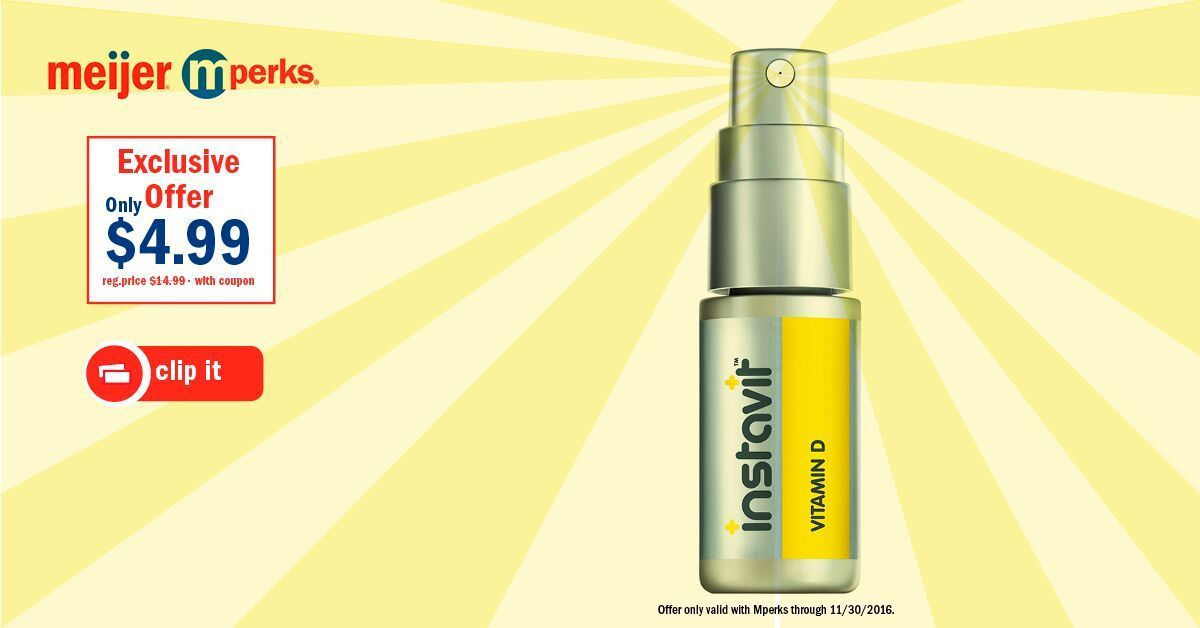 Hey @meijer fans! Exclusive #cybermonday offer 60% OFF all Instavit vitamin sprays. Now only $4.99! Only at Meijer w/ Mperks. Ends 11/30.