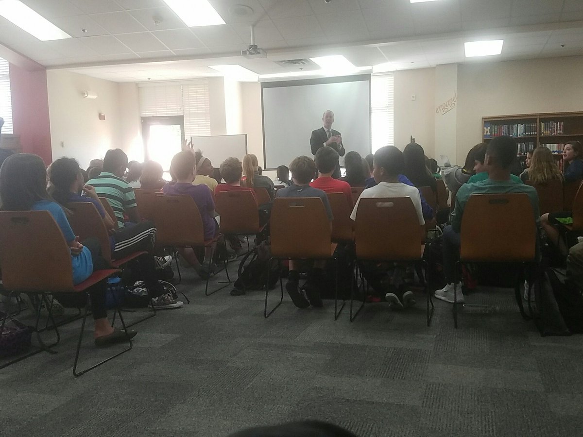 Great guest speaker at <a href="/CMSNorth/">Coppell MS North 🐾</a> today.  Dallas County Exec. ADA, Kendall Castello. He us teaching 7th graders about the law. #villagenorth