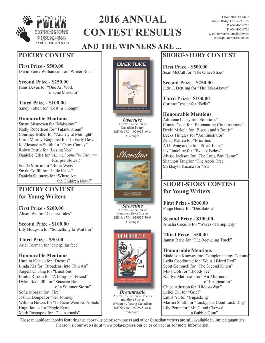 Congratulations to all those published as well as the final winners in our 9th annual national summer contests.