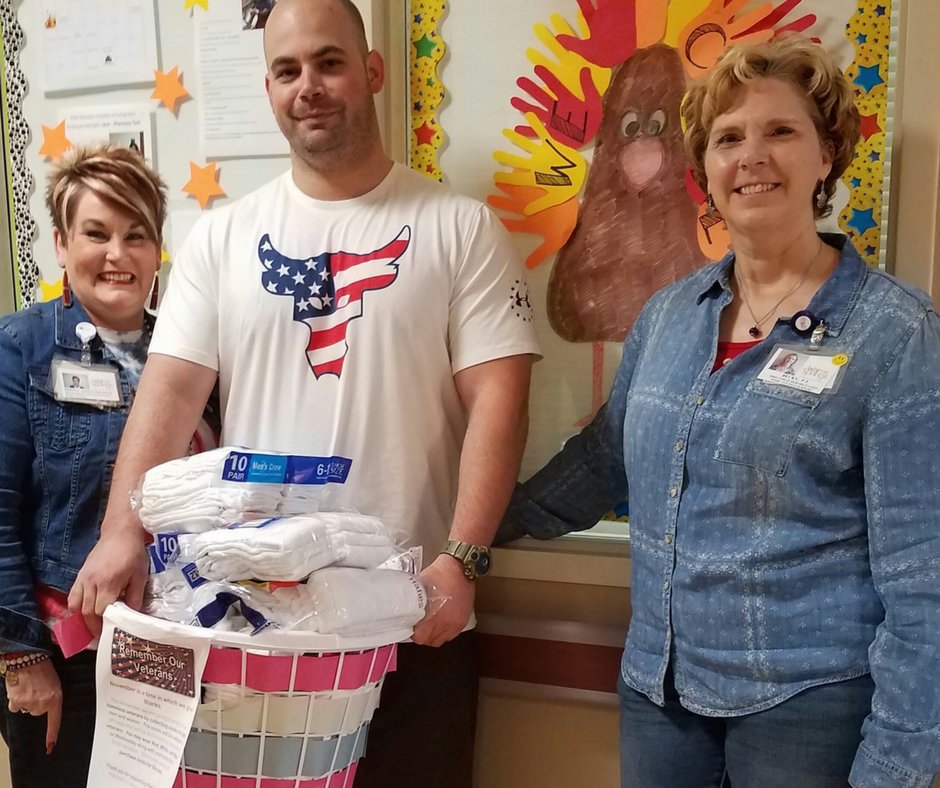 PAMHealth1's tweet photo. PAM of Luling collected socks to be placed in gift bags to be distributed to homeless veterans. https://t.co/PPCtsm7Trt #WeCare #PAMCares https://t.co/bpMLWeCKaV