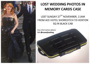 #journorequest PLEASE help! Lost all wedding photo memory cards case in blk cab. Sun 27 Nov. No copies! Pls could you help?