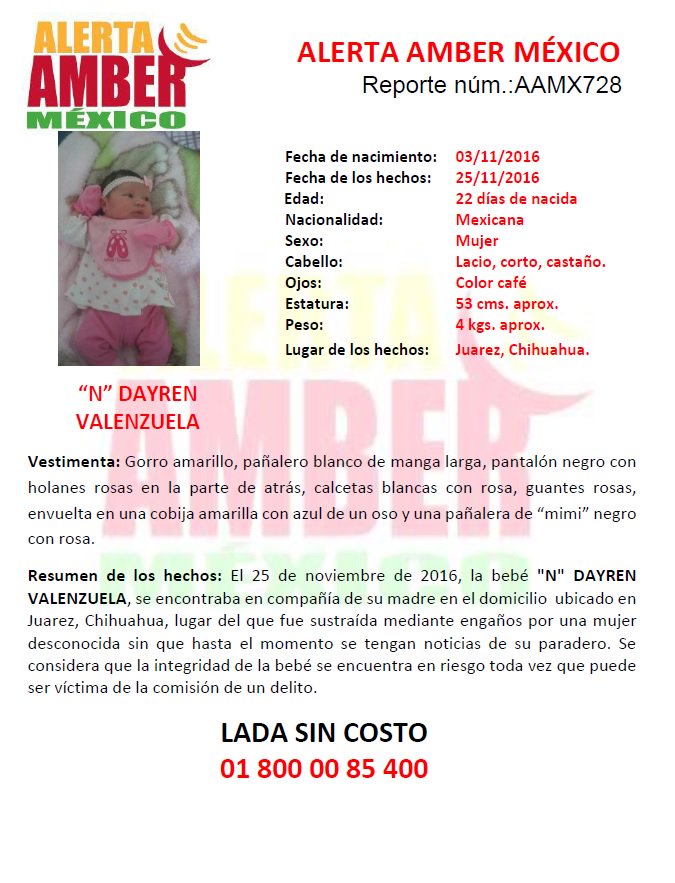 TVTenlinea's tweet photo. #AlertaAmberMx continúa la búsqueda para la localización de la bebé "N" DAYREN VALENZUELA de 22 días de nacida. https://t.co/lOuc0OTMob