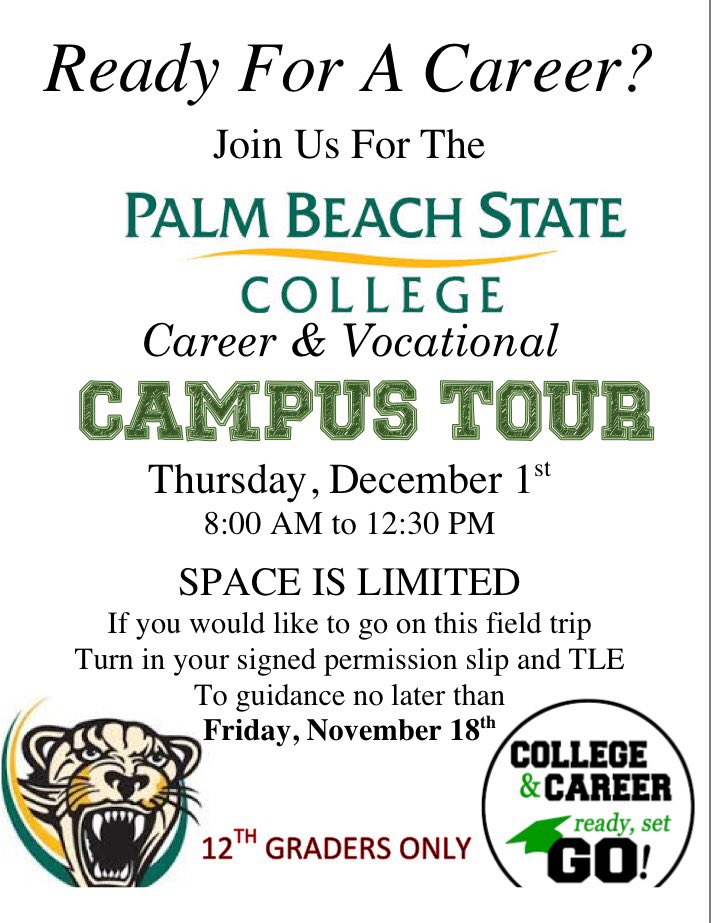 PBL_Guidance's tweet image. ATTENTION SENIORS!! PBSC Career &amp;amp; Vocational Campus Tour! Space is LIMITED..Come by guidance. #pbsc #careerandtechnical