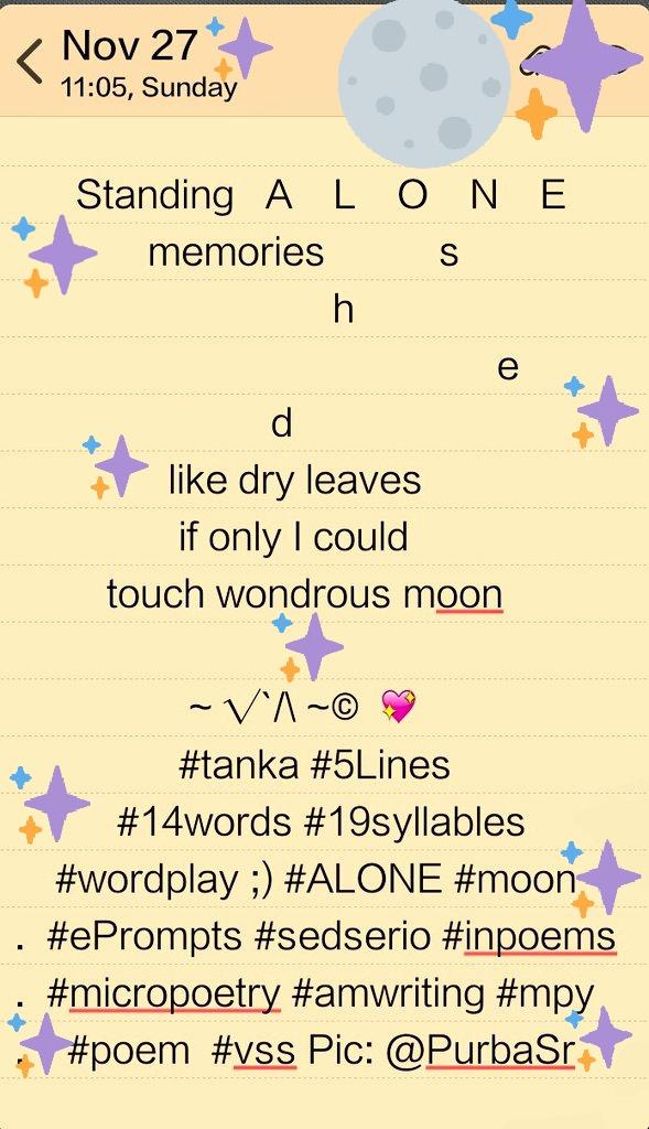 Mona_adorable's tweet photo. #tanka #5Lines #14word #19syllables #wordplay #ALONE #moon #ePrompts #sedserio #inpoems #micropoetry #amwriting #mpy #poem #vss Pic @PurbaSr https://t.co/cInRSmF9wn