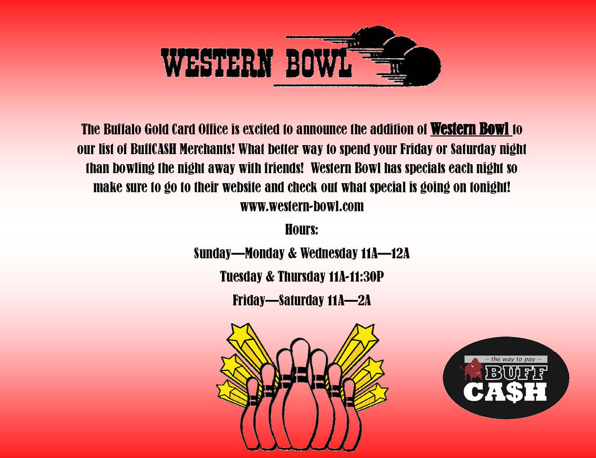 WTAMUBuffGold's tweet image. Western Bowl is now a BuffCASH Merchant! Check our their hours and daily specials at western-bowl.com