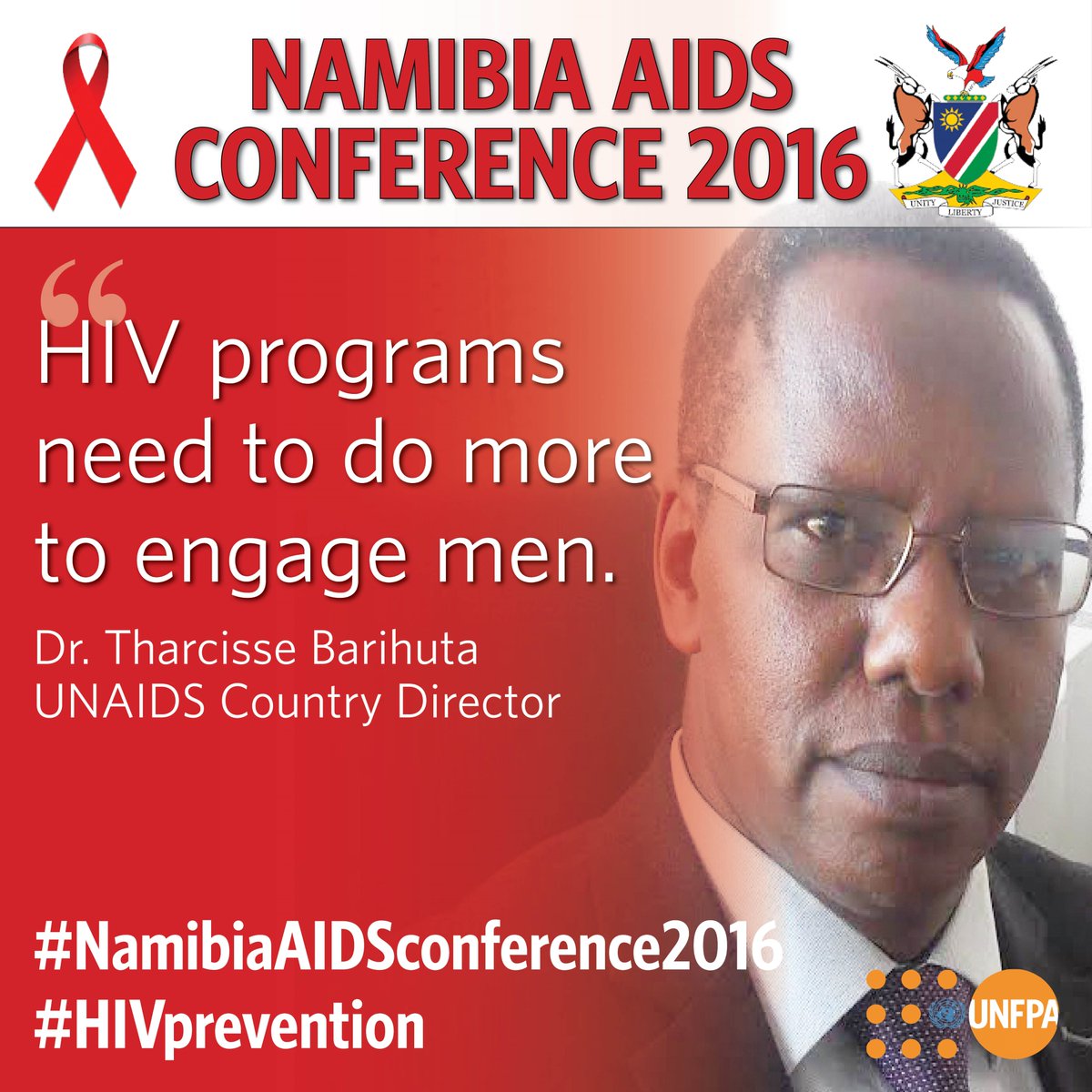 UNFPA_Namibia's tweet photo. "HIV programs need to do more to engage men."- @BarihutaT UNAIDS Country Director #NamibiaAIDSconference2016 https://t.co/fhsKQhfJ7N