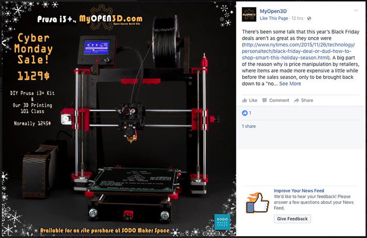 SoDoMakerSpace's tweet photo. Our 3D Printer friends are having a sale for the Holidays! https://t.co/sv7tXgZPKe https://t.co/OaOBis5mvP