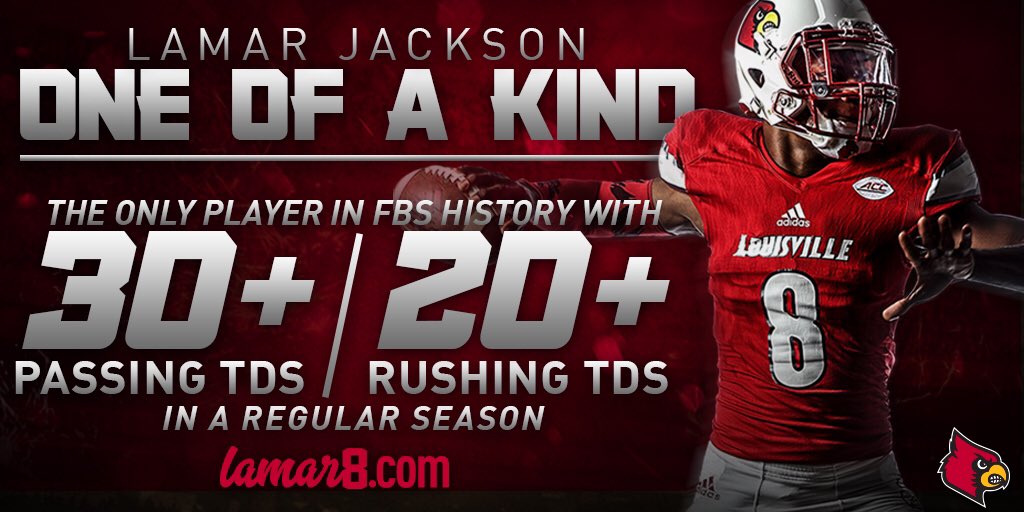 LouisvilleFB's tweet photo. Hey Heisman Voters! @Lj_era8 is only player in FBS history w/ 30+ passing TD &amp; 20+ rushing TD in the regular season #Heisman https://t.co/NI2aUts6BJ