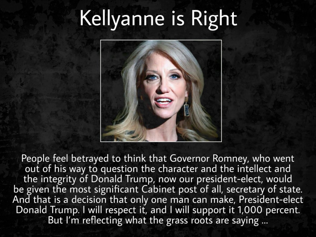dmon4ever's tweet photo. Dear P-E @realDonaldTrump,
@KellyannePolls not only served you loyally while #Romney worked against you, she is absolutely right about this. https://t.co/aMLkcZT92T