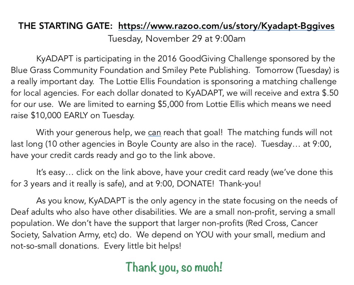 THE STARTING GATE:  razoo.com/us/story/Kyada…
Tuesday, November 29 at 9:00 am