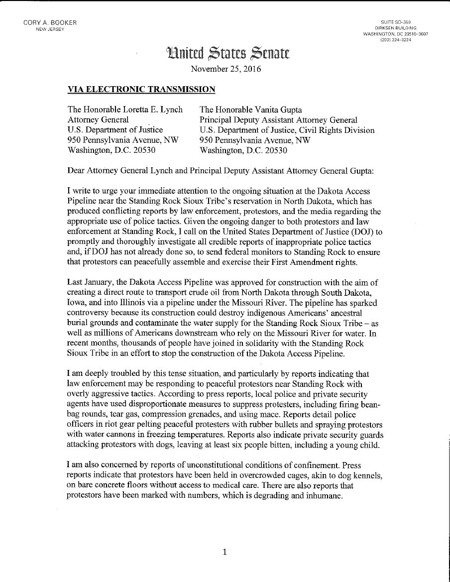 ErinSchrode's tweet photo. Senator @CoryBooker spoke out on #StandingRock. YES! He took a bold, necessary first step in calling upon AG Loretta Lynch and DoJ! #NoDAPL https://t.co/F3FUnv1xvx