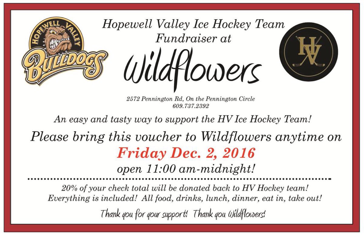 HVMHShockey's tweet photo. Join the Bulldogs on Friday (12/2) after the Pennington game at Wildflowers. 20% of your check will be donated to HV hockey #BeatLittleBro https://t.co/bGVrHP00RS