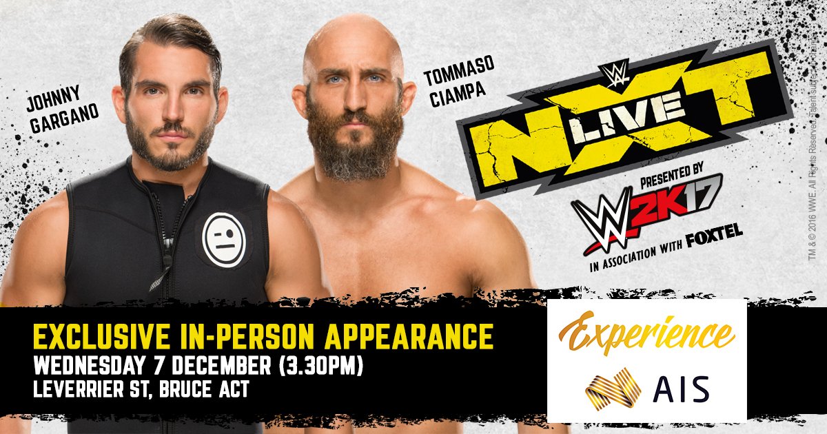 WWEAustralia's tweet photo. RETWEET for your chance to WIN 1 of 25 Double Passes to the Exclusive @JohnnyGargano &amp; @ProjectCiampa Appearance at @Ausport! #NXTCanberra https://t.co/uUOe9aVBKS