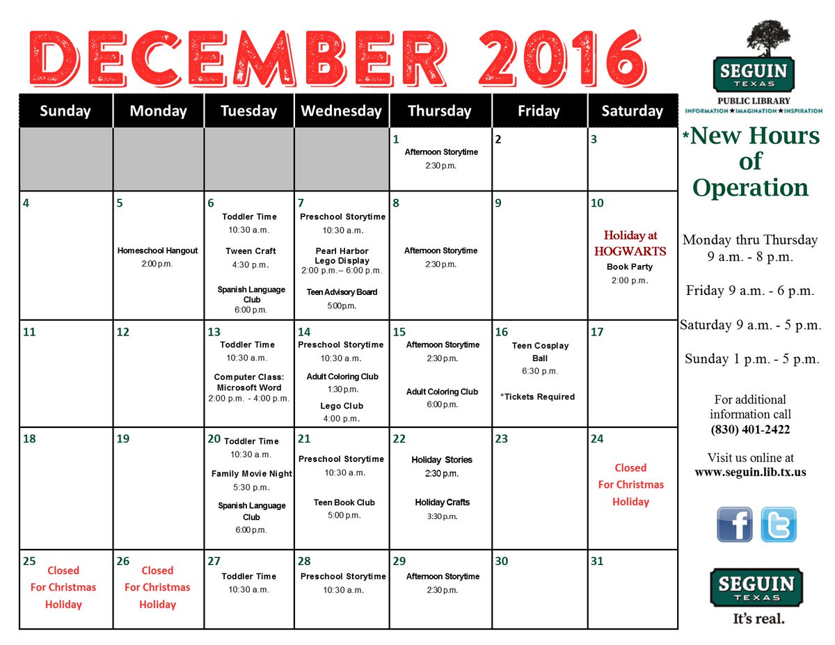 SeguinPublicLib's tweet photo. December is almost here! Check out the exciting things we have planned. #SeguinPublicLibrary #LibraryFun #December https://t.co/R7xsVCr8hE