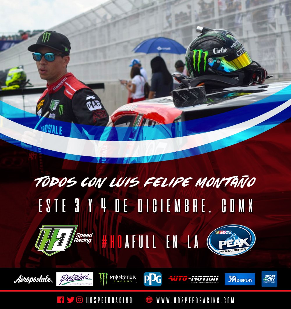 hospeedracing's tweet photo. Este fin de semana el #Auto87 de @Lfelipemontano saltará a la pista en el regreso de @NASCARPEAKMX y estamos muy emocionados. ¿Estás listo? https://t.co/r7uYLLvMFG