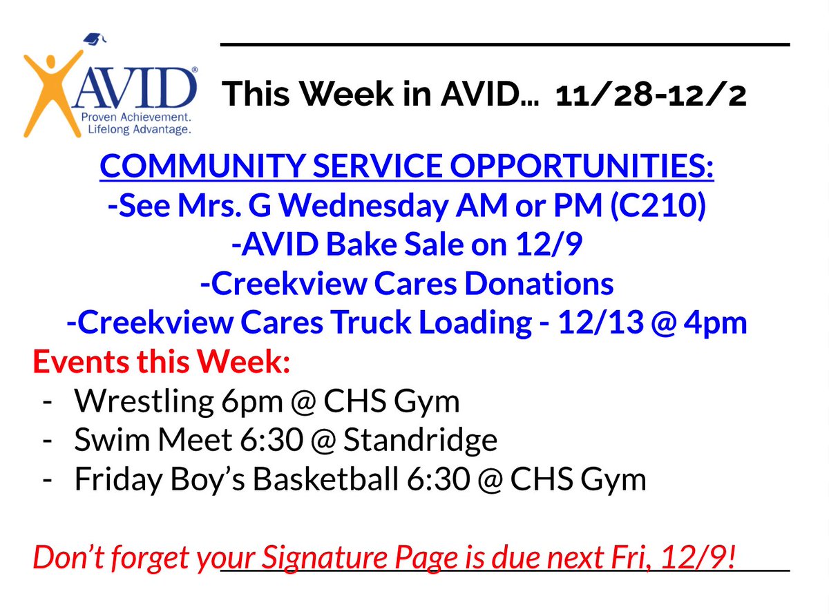 CreekviewAVID's tweet photo. AVID, your Signature Page is due in just a couple of weeks! Here are some events and community service opportunities coming up! #AVIDServes https://t.co/CKC0mZbPvh