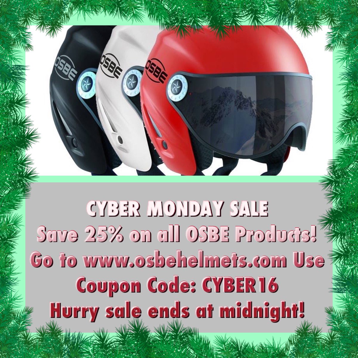 OSBE_HELMETS's tweet photo. Just a few hours left to take advantage of our #CyberMonday sale &amp; receive 25% OFF. Sale ends at Midnight! #SkiWithOSBE #OSBEUSA 🏂⛷ https://t.co/VIgRM5k3AK
