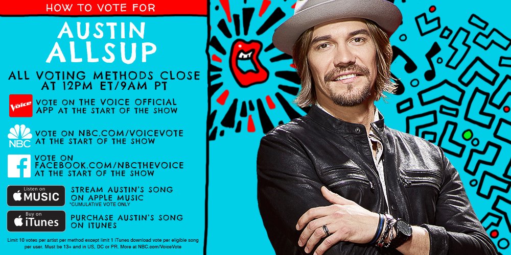 NBCTheVoice's tweet photo. If @AustinAllsup isn’t going to be missin’ any of your votes tonight, RETWEET and vote for him, alright? #VoiceTop10 https://t.co/bwknspkPKU