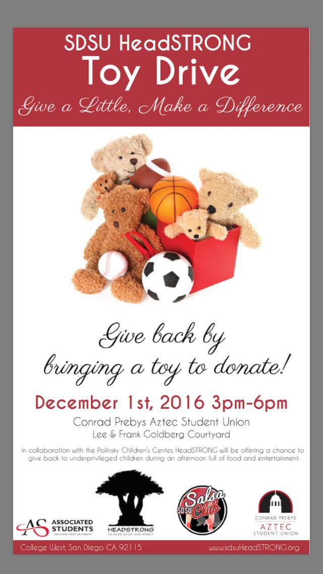 SDSUHeadstrong's tweet photo. Our annual Toy Drive is THIS THURSDAY from 3-6pm in the Student Union! Bring a toy to donate to the Polinsky Children's Center! https://t.co/2Ukxfg4zi0