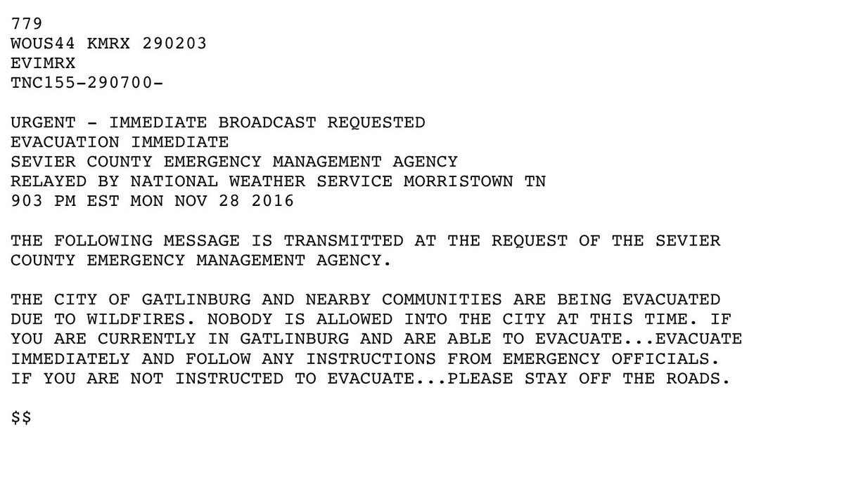spann's tweet photo. This is an emergency evacuation message for the City of Gatlinburg in East Tennessee… please RT… https://t.co/fsu58yNObU