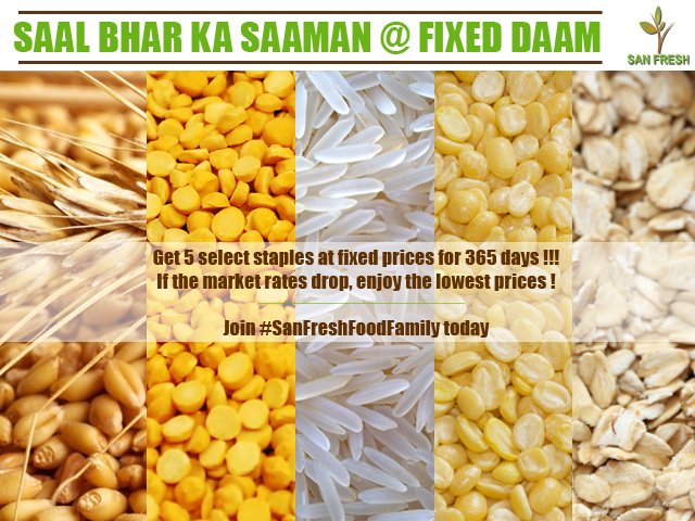 sanfreshin's tweet photo. Saal Bhar ka Saaman @ Fixed Daam! Get any 5 staples for a fixed price for 1 year on becoming a Member! Register NOW: https://t.co/R85aLilvMx https://t.co/5H1XrhlR2D